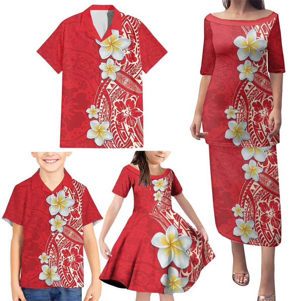 Plumeria Family Matching Puletasi and Hawaiian Shirt Polynesian Tribal Frangipani Red