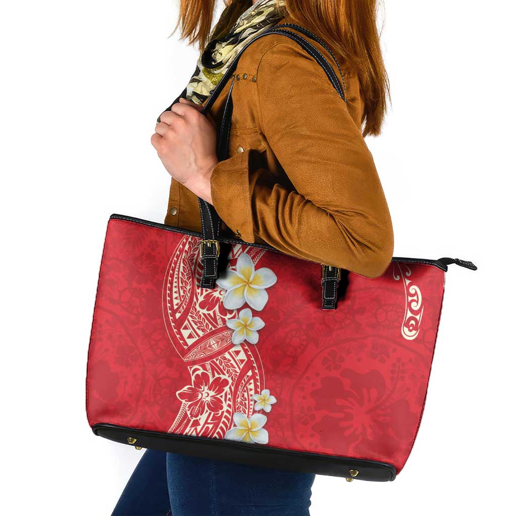 Plumeria Leather Tote Bag Polynesian Tribal Frangipani Red LT03 Red - Polynesian Pride
