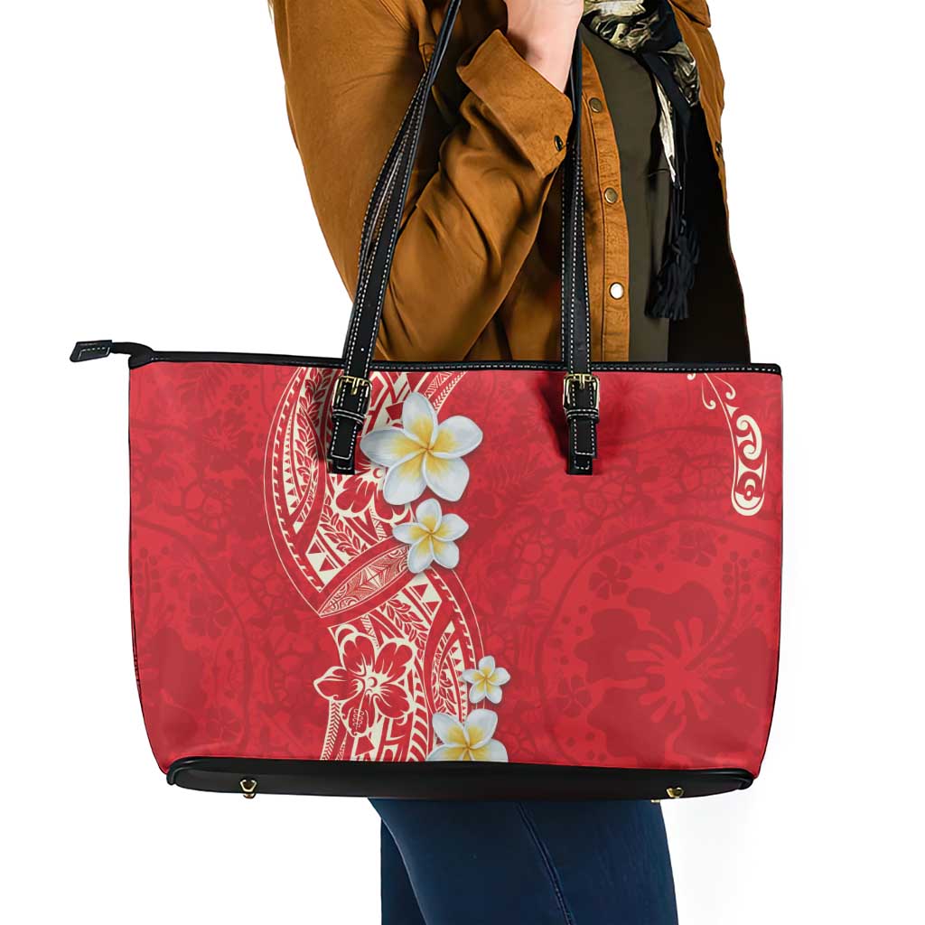 Plumeria Leather Tote Bag Polynesian Tribal Frangipani Red LT03 - Polynesian Pride