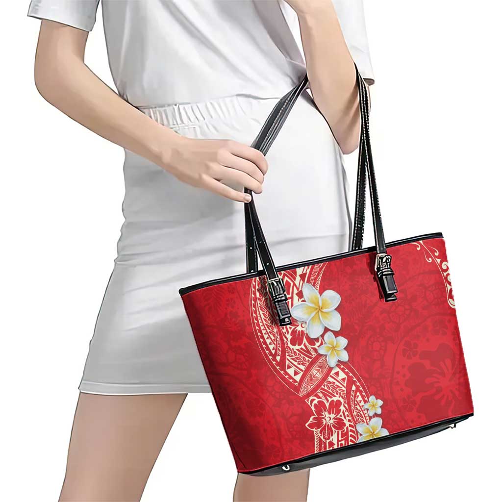 Plumeria Leather Tote Bag Polynesian Tribal Frangipani Red LT03 - Polynesian Pride