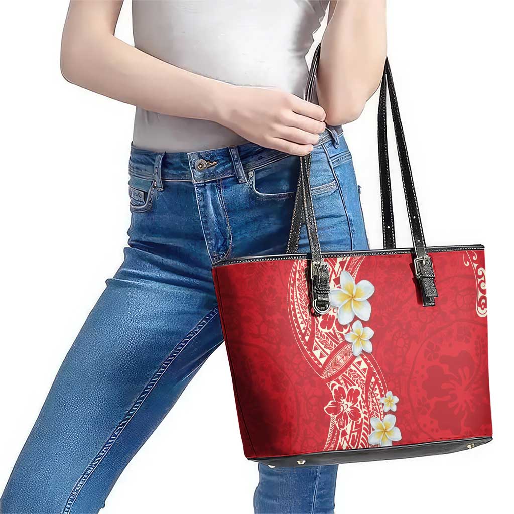 Plumeria Leather Tote Bag Polynesian Tribal Frangipani Red LT03 - Polynesian Pride