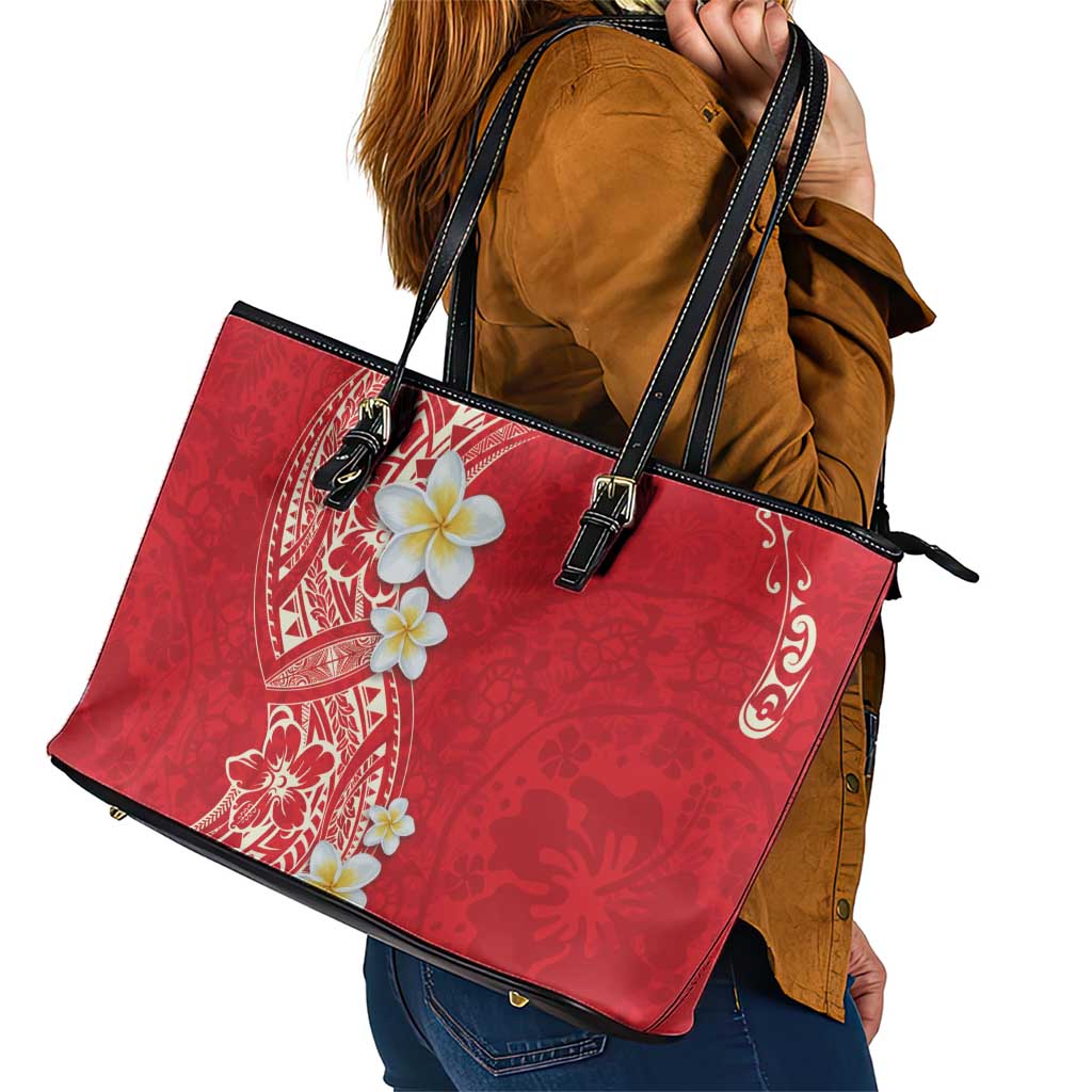Plumeria Leather Tote Bag Polynesian Tribal Frangipani Red LT03 - Polynesian Pride