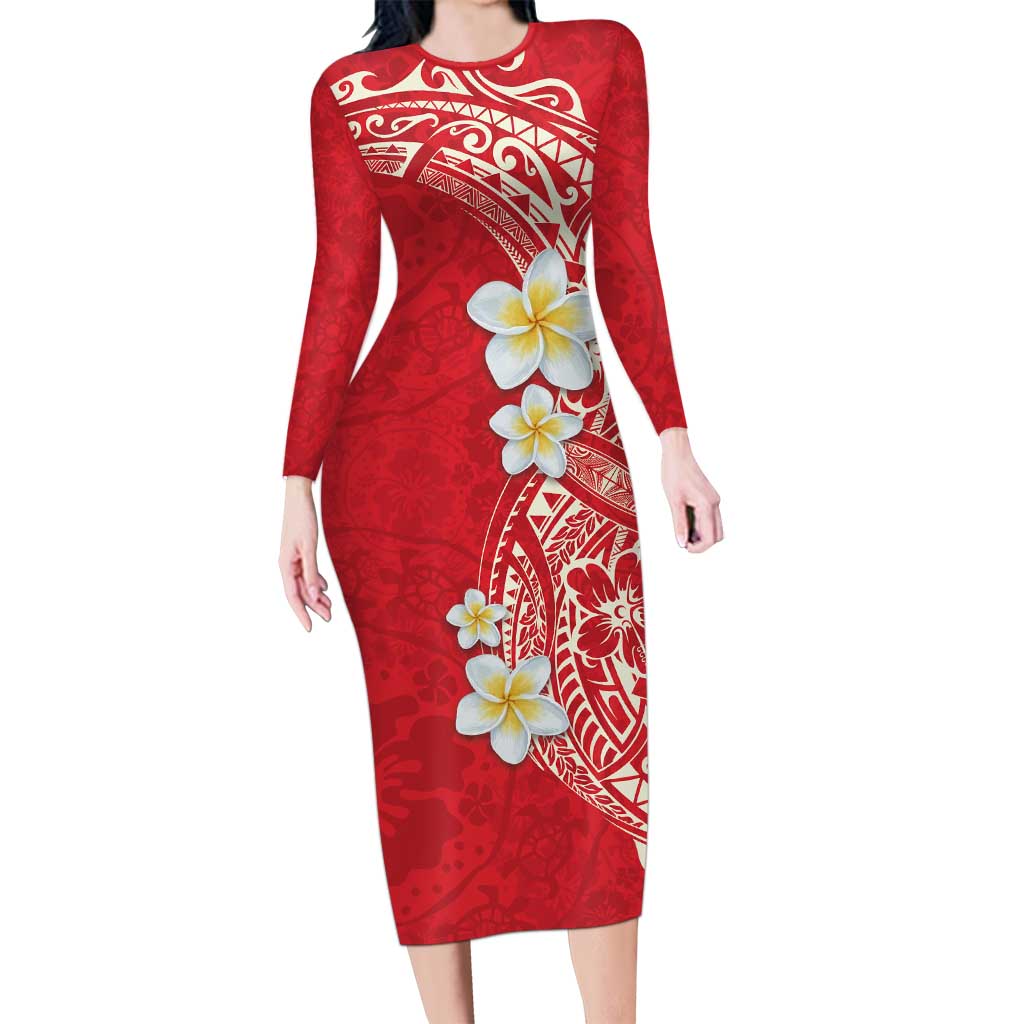 Plumeria Long Sleeve Bodycon Dress Polynesian Tribal Frangipani Red