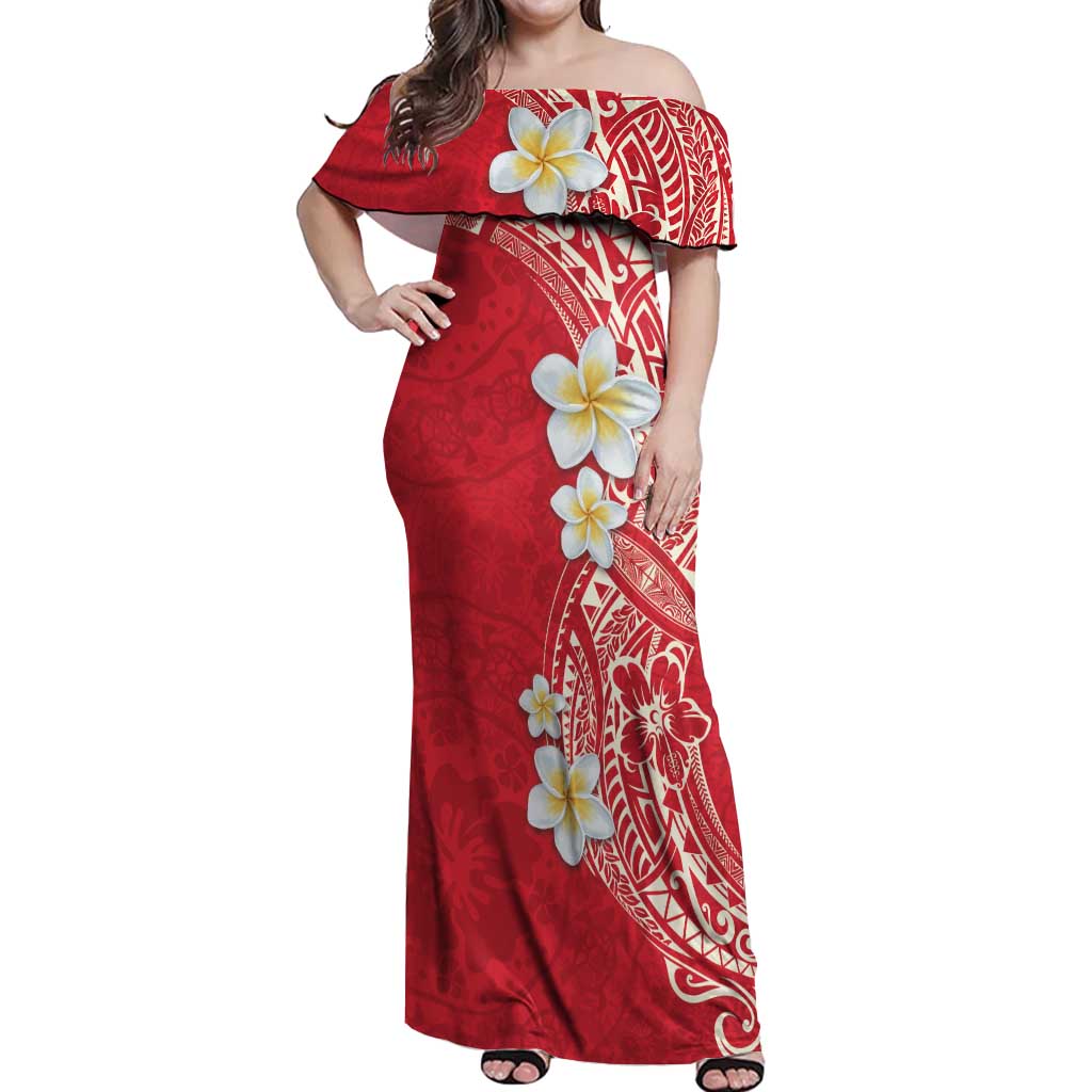 Plumeria Off Shoulder Maxi Dress Polynesian Tribal Frangipani Red LT03 Women Red - Polynesian Pride