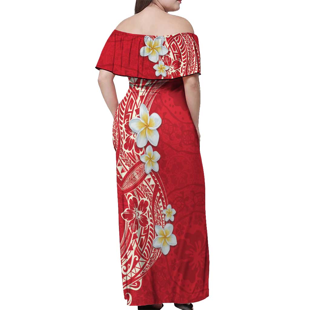 Plumeria Off Shoulder Maxi Dress Polynesian Tribal Frangipani Red LT03 - Polynesian Pride