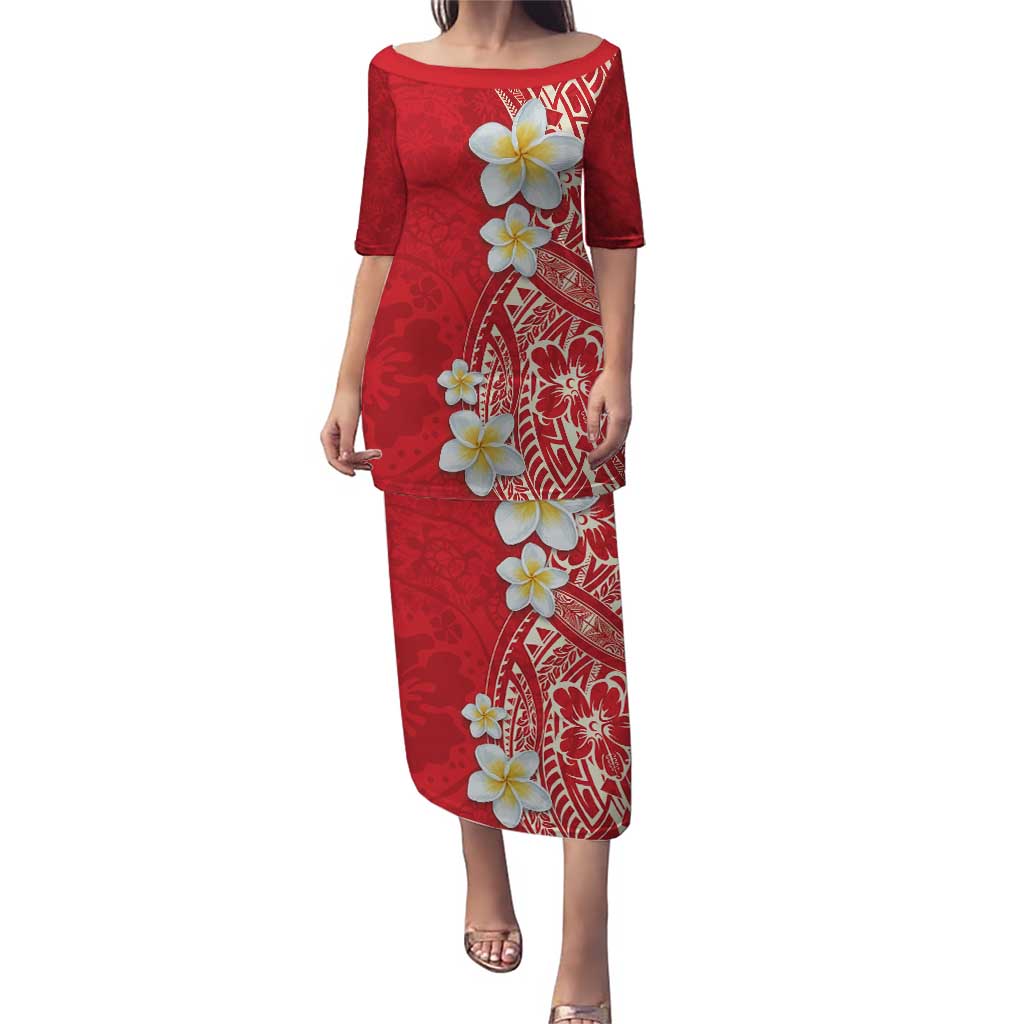 Plumeria Puletasi Polynesian Tribal Frangipani Red LT03 Long Dress Red - Polynesian Pride