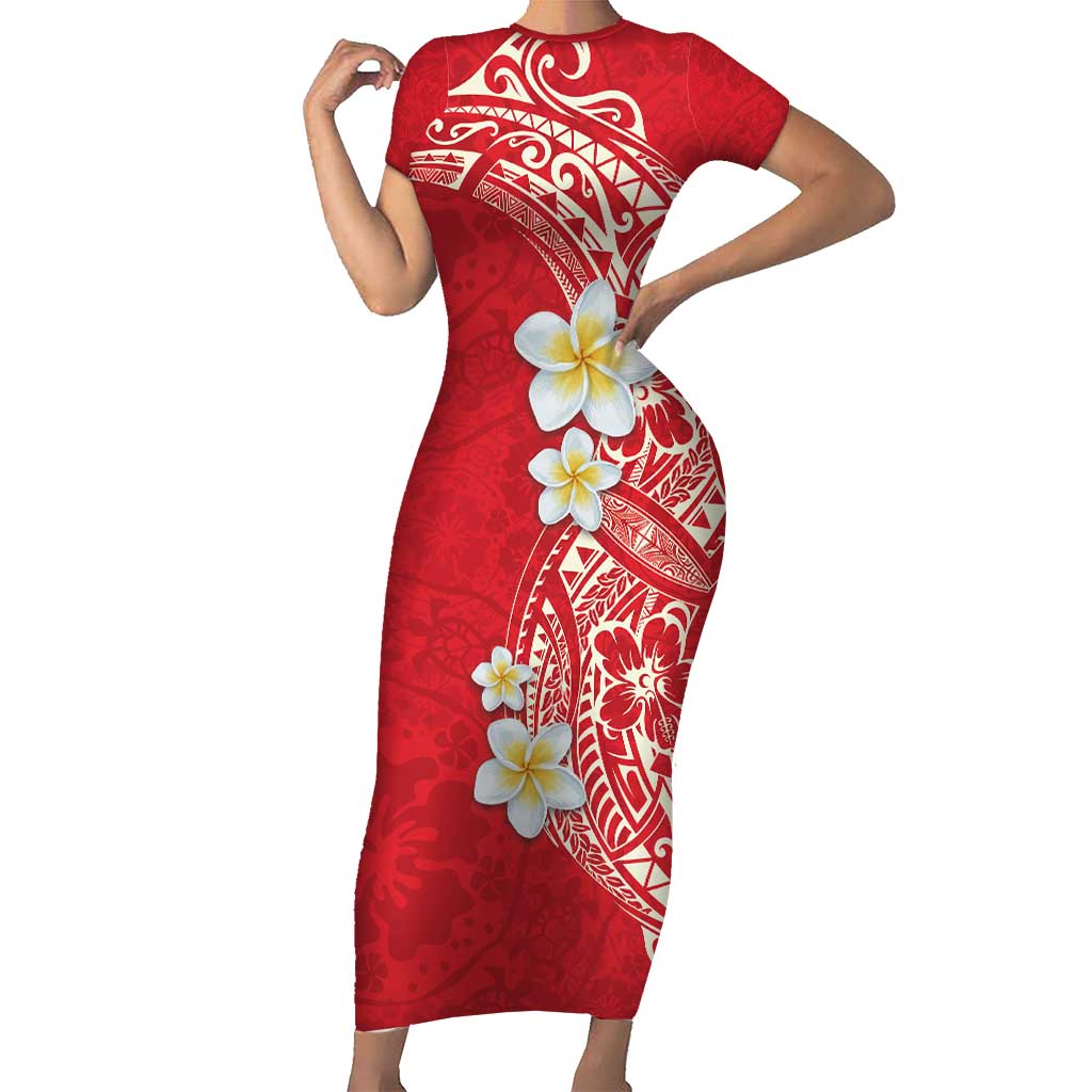 Plumeria Short Sleeve Bodycon Dress Polynesian Tribal Frangipani Red