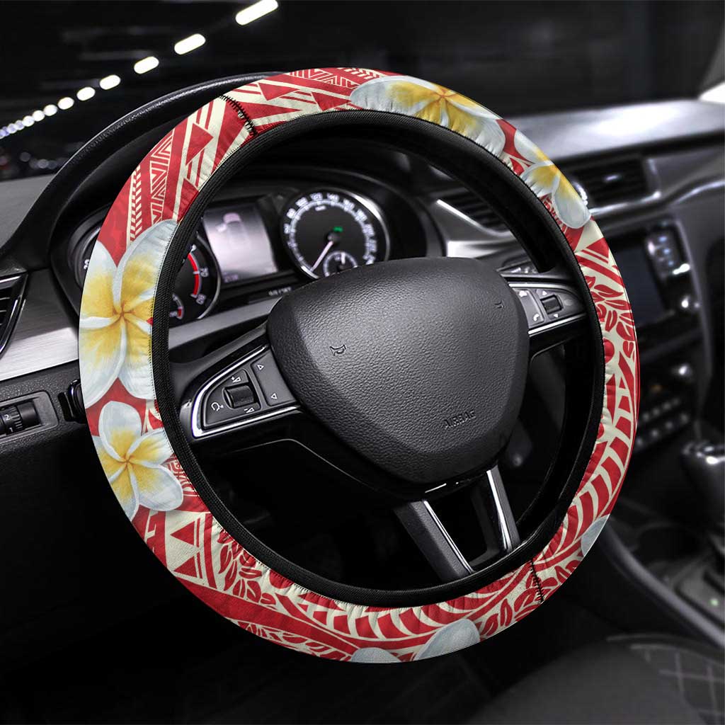 Plumeria Steering Wheel Cover Polynesian Tribal Frangipani Red LT03 Universal Fit Red - Polynesian Pride