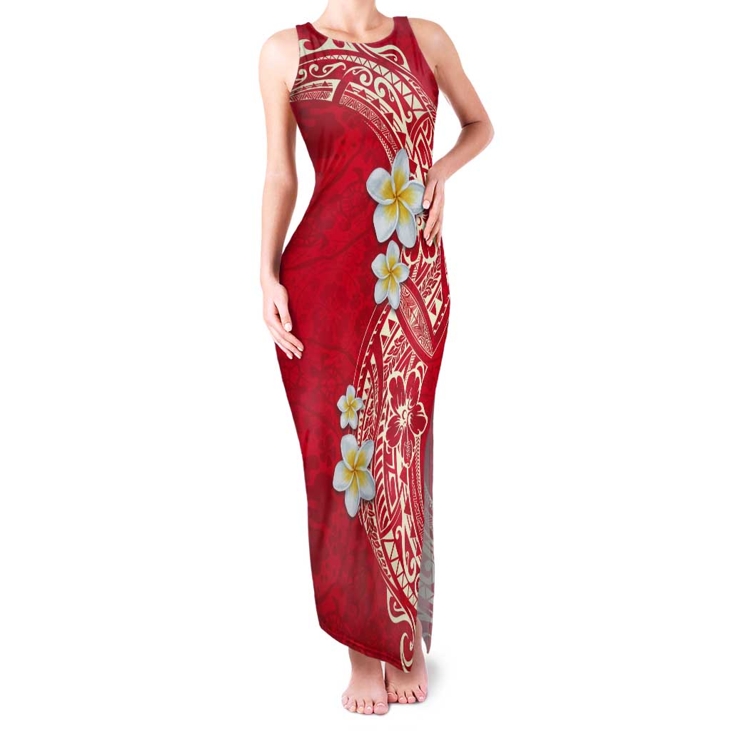 Plumeria Tank Maxi Dress Polynesian Tribal Frangipani Red LT03 Women Red - Polynesian Pride