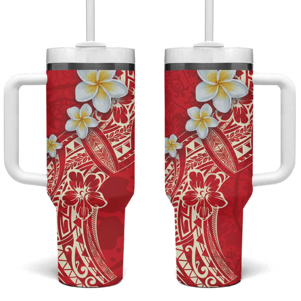 Polynesian Tattoos Frangipani Tumbler With Handle Hibiscus Turtles and Tribal Motifs Vintage Floral - Red Color LT03 One Size: 40 oz Red - Polynesian Pride