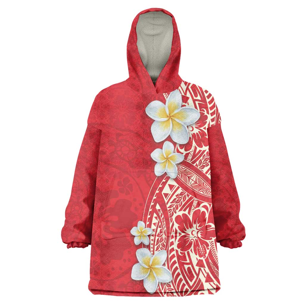 Plumeria Wearable Blanket Hoodie Polynesian Tribal Frangipani Red