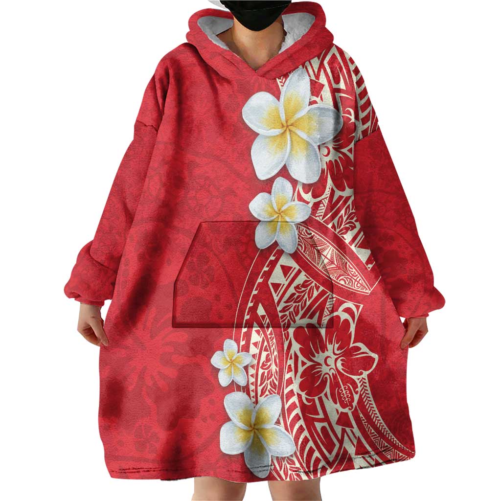 Plumeria Wearable Blanket Hoodie Polynesian Tribal Frangipani Red LT03 - Polynesian Pride