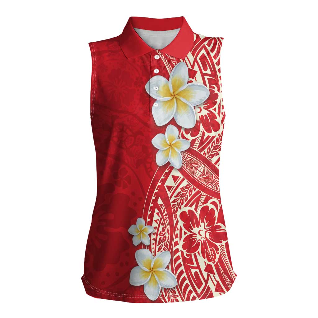 Plumeria Women Sleeveless Polo Shirt Polynesian Tribal Frangipani Red