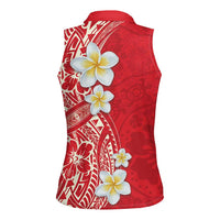 Plumeria Women Sleeveless Polo Shirt Polynesian Tribal Frangipani Red