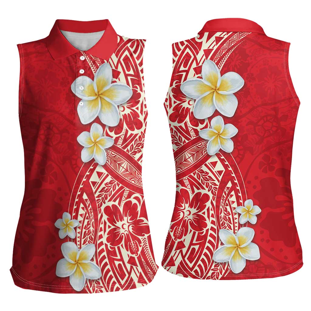 Plumeria Women Sleeveless Polo Shirt Polynesian Tribal Frangipani Red