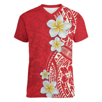 Plumeria Women V-Neck T-Shirt Polynesian Tribal Frangipani Red LT03 Female Red - Polynesian Pride