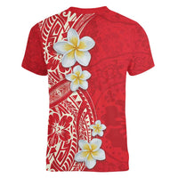 Plumeria Women V-Neck T-Shirt Polynesian Tribal Frangipani Red LT03 - Polynesian Pride