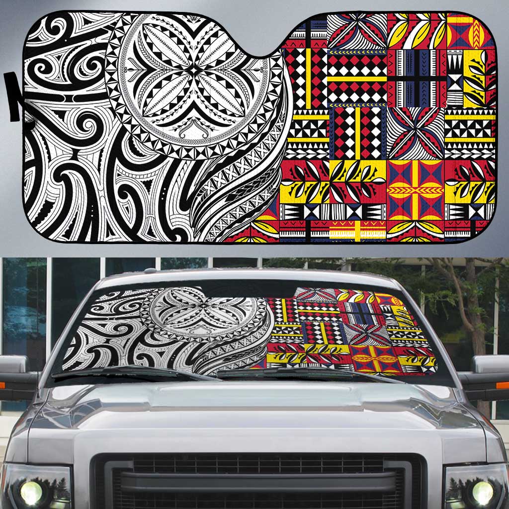 Niue Hiapo and Maori Decoration Tattoos Auto Sun Shade - Polynesian Pride