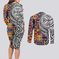 Niue Hiapo and Maori Decoration Tattoos Couples Matching Long Sleeve Bodycon Dress and Long Sleeve Button Shirt - Polynesian Pride