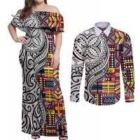 Niue Hiapo and Maori Decoration Tattoos Couples Matching Off Shoulder Maxi Dress and Long Sleeve Button Shirt - Polynesian Pride