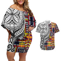 Niue Hiapo and Maori Decoration Tattoos Couples Matching Off Shoulder Short Dress and Hawaiian Shirt - Polynesian Pride
