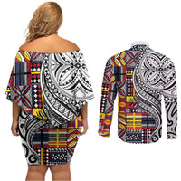 Niue Hiapo and Maori Decoration Tattoos Couples Matching Off Shoulder Short Dress and Long Sleeve Button Shirt - Polynesian Pride