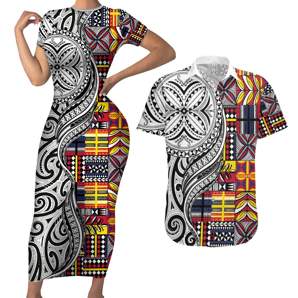 Niue Hiapo and Maori Decoration Tattoos Couples Matching Short Sleeve Bodycon Dress and Hawaiian Shirt - Polynesian Pride