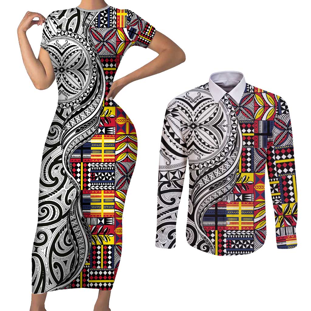Niue Hiapo and Maori Decoration Tattoos Couples Matching Short Sleeve Bodycon Dress and Long Sleeve Button Shirt - Polynesian Pride