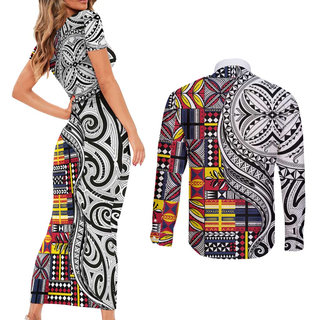 Niue Hiapo and Maori Decoration Tattoos Couples Matching Short Sleeve Bodycon Dress and Long Sleeve Button Shirt - Polynesian Pride