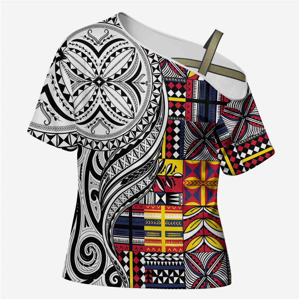 Niue Hiapo and Maori Decoration Tattoos Cross Shoulder Shirt - Polynesian Pride