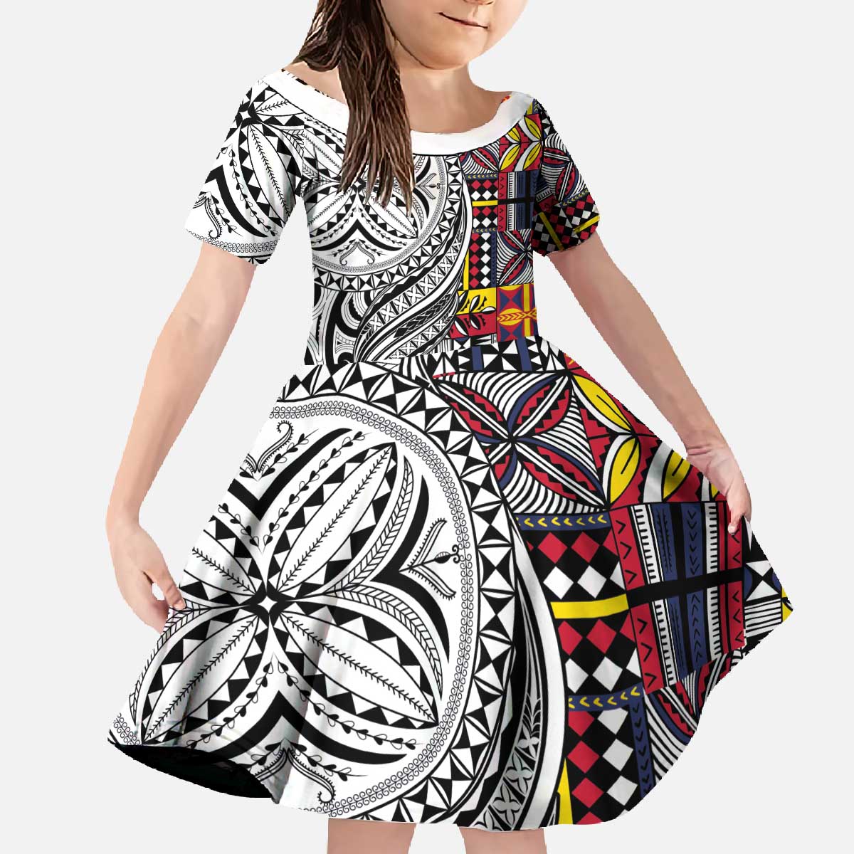 Niue Hiapo and Maori Decoration Tattoos Family Matching Off The Shoulder Long Sleeve Dress and Hawaiian Shirt - Polynesian Pride