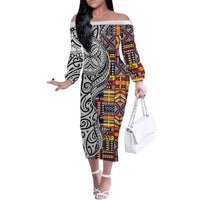 Niue Hiapo and Maori Decoration Tattoos Family Matching Off The Shoulder Long Sleeve Dress and Hawaiian Shirt - Polynesian Pride