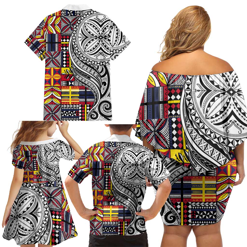 Niue Hiapo and Maori Decoration Tattoos Family Matching Off Shoulder Short Dress and Hawaiian Shirt - Polynesian Pride