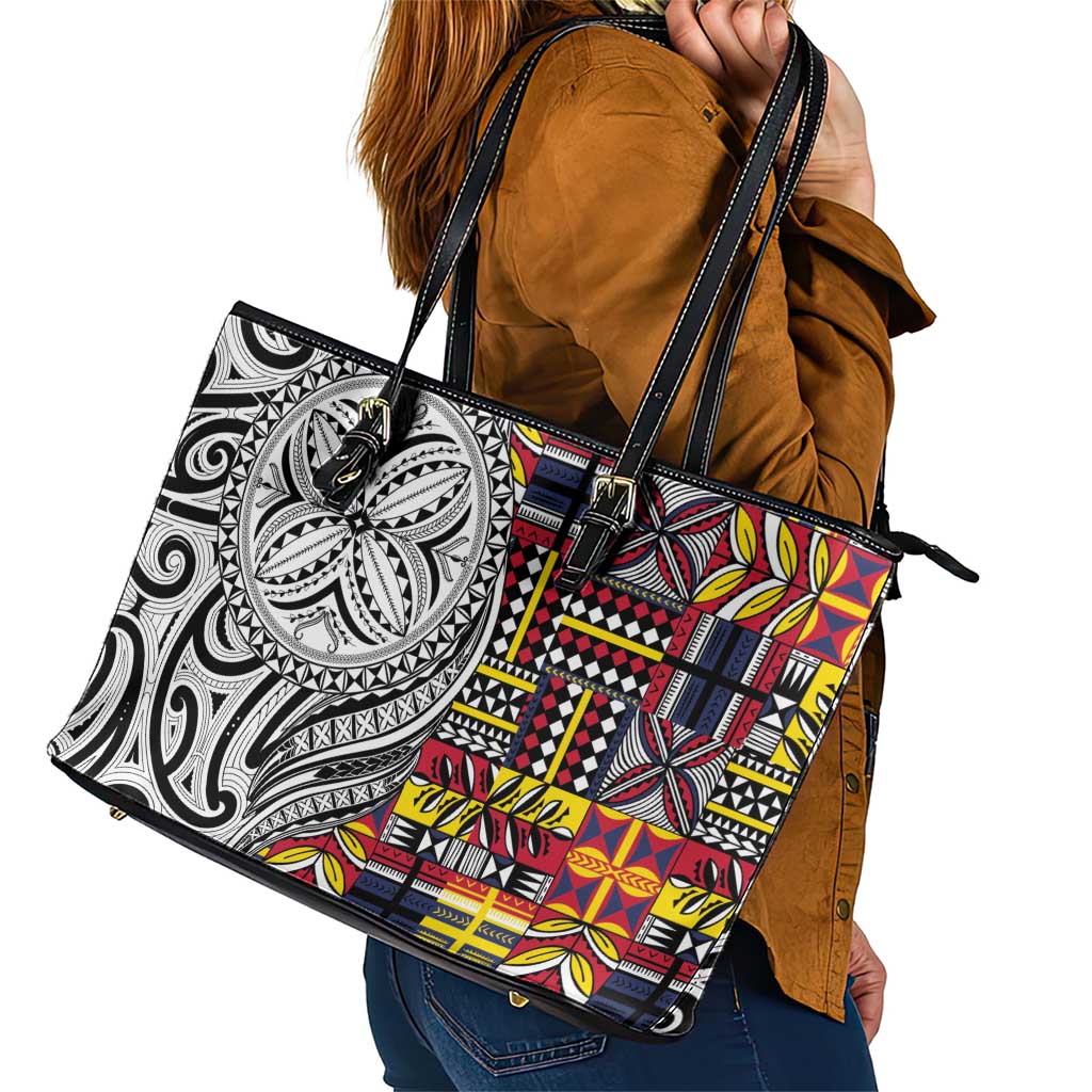 Niue Hiapo and Maori Decoration Tattoos Leather Tote Bag - Polynesian Pride
