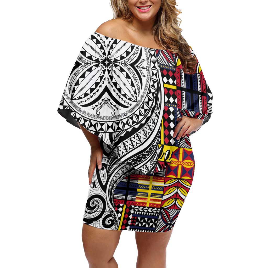Niue Hiapo and Maori Decoration Tattoos Off Shoulder Short Dress - Polynesian Pride