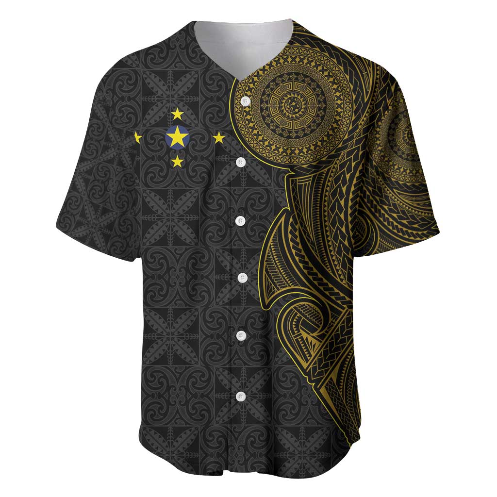 Niue Polynesian Hiapo Tattoo Art Baseball Jersey Half Style Black Gold Color - Polynesian Pride