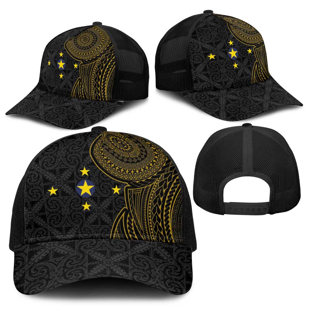 Niue Polynesian Hiapo Tattoo Art Baseball Net Cap Half Style Black Gold Color - Polynesian Pride