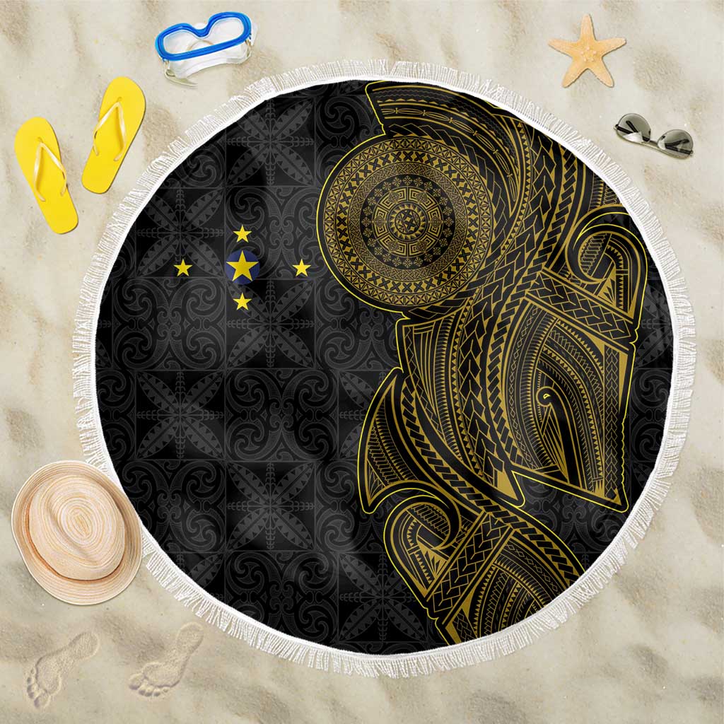 Niue Polynesian Hiapo Tattoo Art Beach Blanket Half Style Black Gold Color - Polynesian Pride