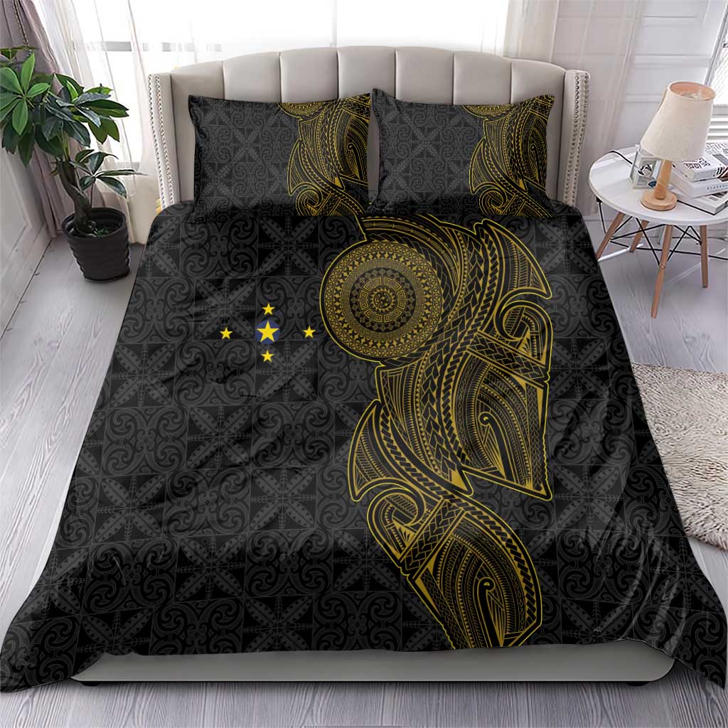 Niue Polynesian Hiapo Tattoo Art Bedding Set Half Style Black Gold Color - Polynesian Pride