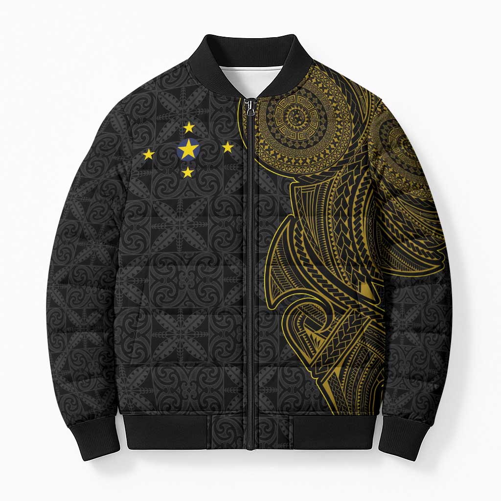 Niue Polynesian Hiapo Tattoo Art Bomber Puffer Jacket Half Style Black Gold Color - Polynesian Pride