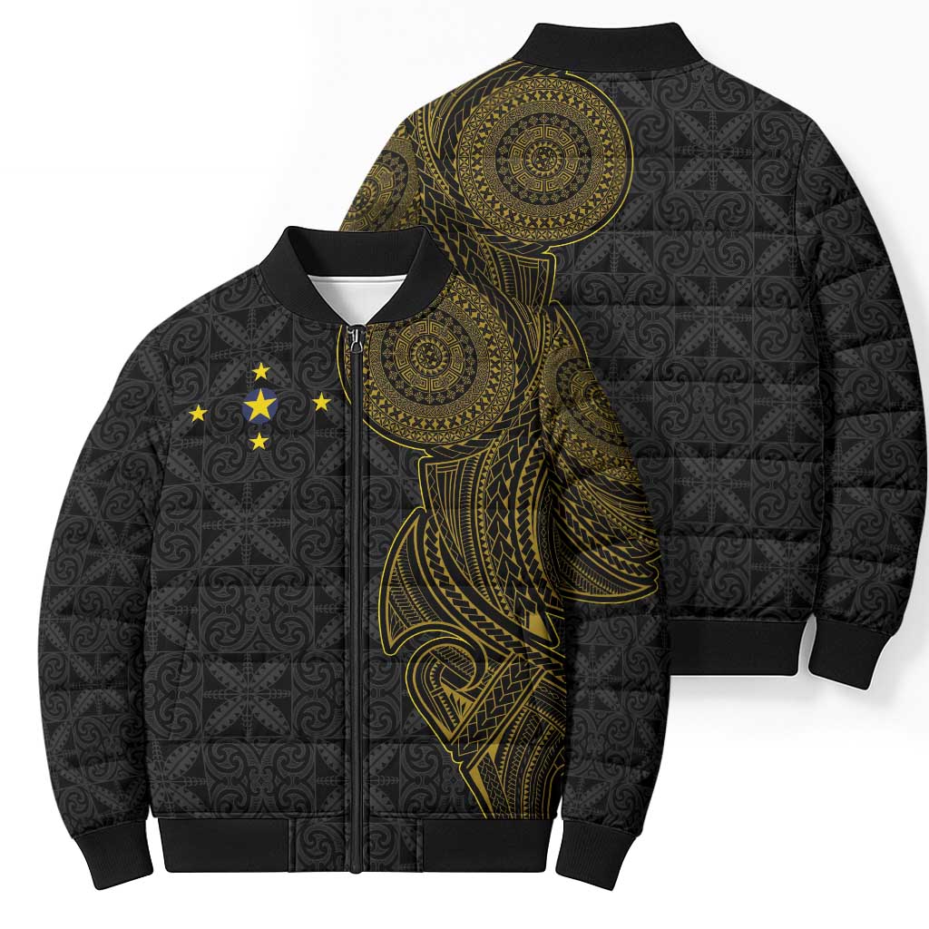 Niue Polynesian Hiapo Tattoo Art Bomber Puffer Jacket Half Style Black Gold Color - Polynesian Pride