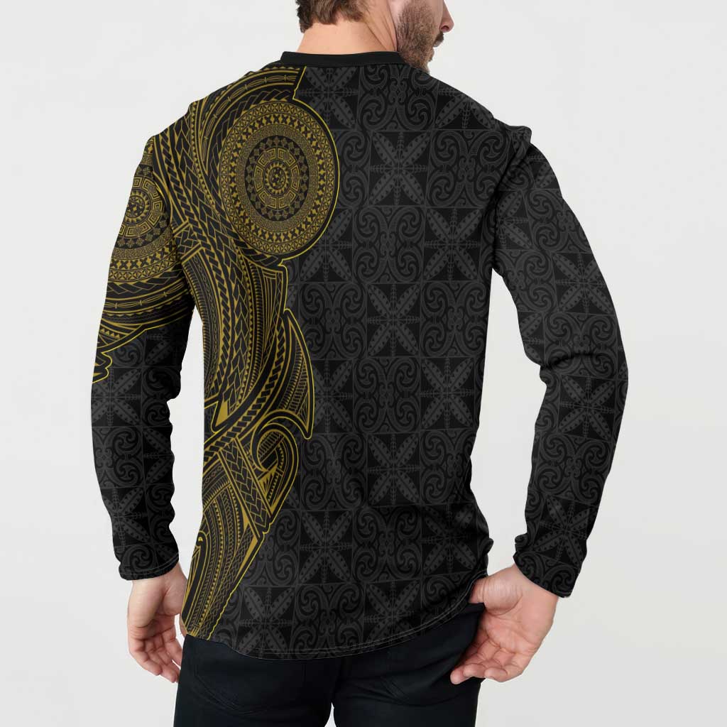 Niue Polynesian Hiapo Tattoo Art Button Sweatshirt Half Style Black Gold Color - Polynesian Pride
