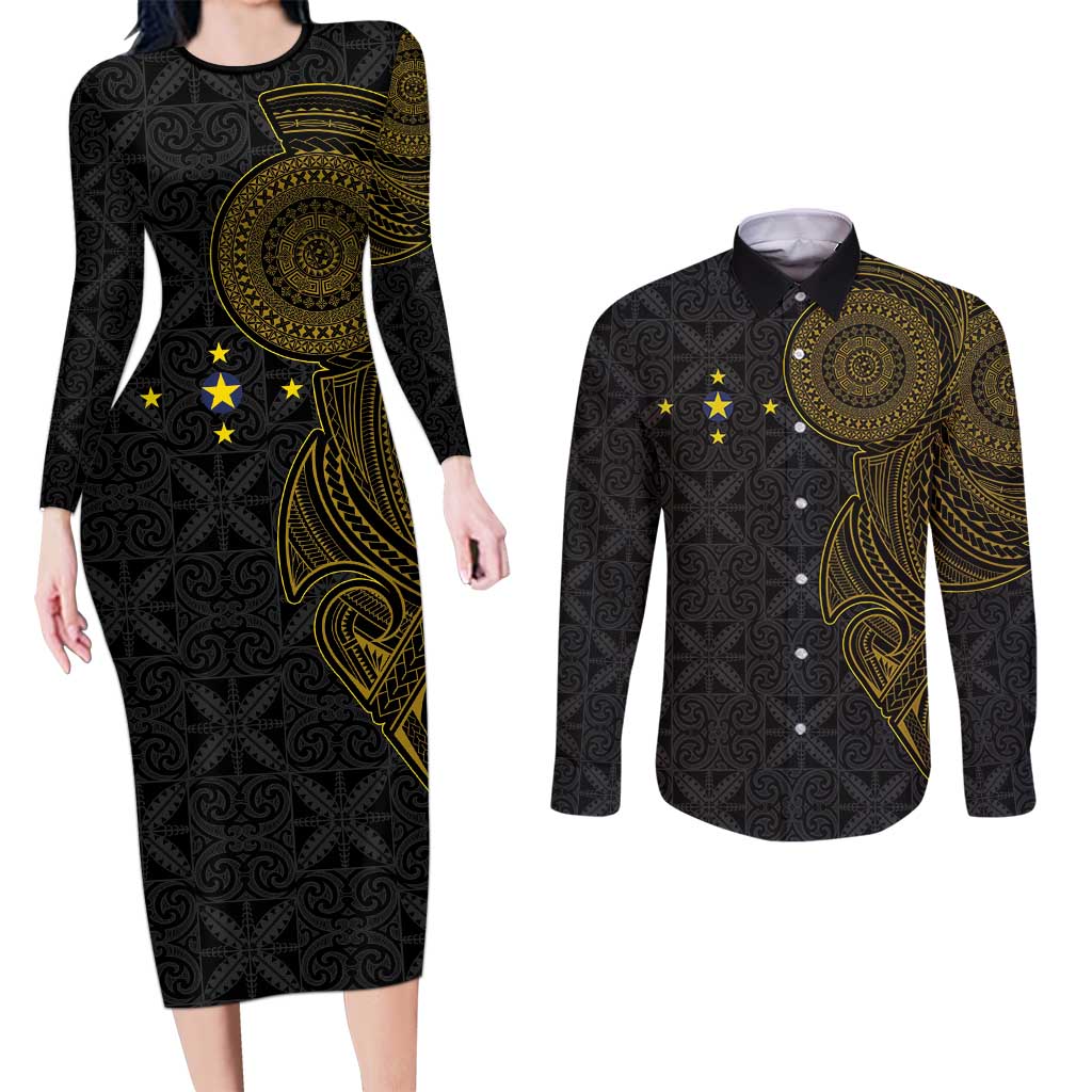Niue Polynesian Hiapo Tattoo Art Couples Matching Long Sleeve Bodycon Dress and Long Sleeve Button Shirt Half Style Black Gold Color - Polynesian Pride