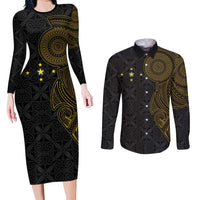 Niue Polynesian Hiapo Tattoo Art Couples Matching Long Sleeve Bodycon Dress and Long Sleeve Button Shirt Half Style Black Gold Color - Polynesian Pride