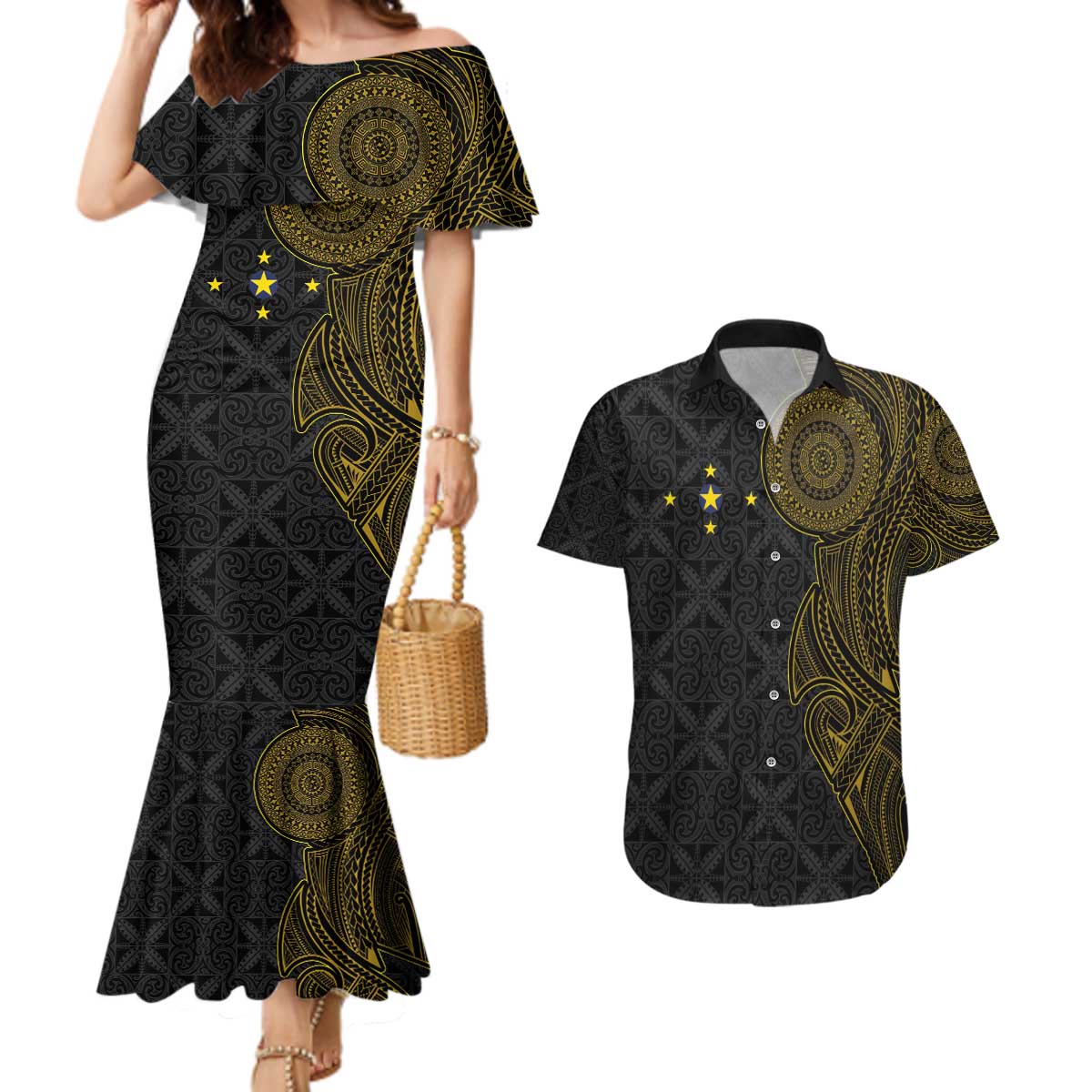 Niue Polynesian Hiapo Tattoo Art Couples Matching Mermaid Dress and Hawaiian Shirt Half Style Black Gold Color - Polynesian Pride