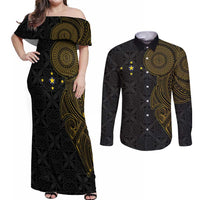 Niue Polynesian Hiapo Tattoo Art Couples Matching Off Shoulder Maxi Dress and Long Sleeve Button Shirt Half Style Black Gold Color - Polynesian Pride