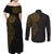 Niue Polynesian Hiapo Tattoo Art Couples Matching Off Shoulder Maxi Dress and Long Sleeve Button Shirt Half Style Black Gold Color - Polynesian Pride