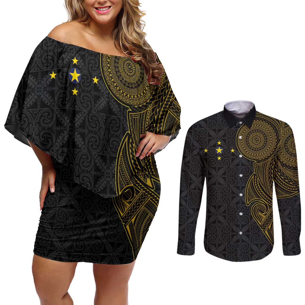 Niue Polynesian Hiapo Tattoo Art Couples Matching Off Shoulder Short Dress and Long Sleeve Button Shirt Half Style Black Gold Color - Polynesian Pride