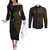 Niue Polynesian Hiapo Tattoo Art Couples Matching Off The Shoulder Long Sleeve Dress and Long Sleeve Button Shirt Half Style Black Gold Color - Polynesian Pride