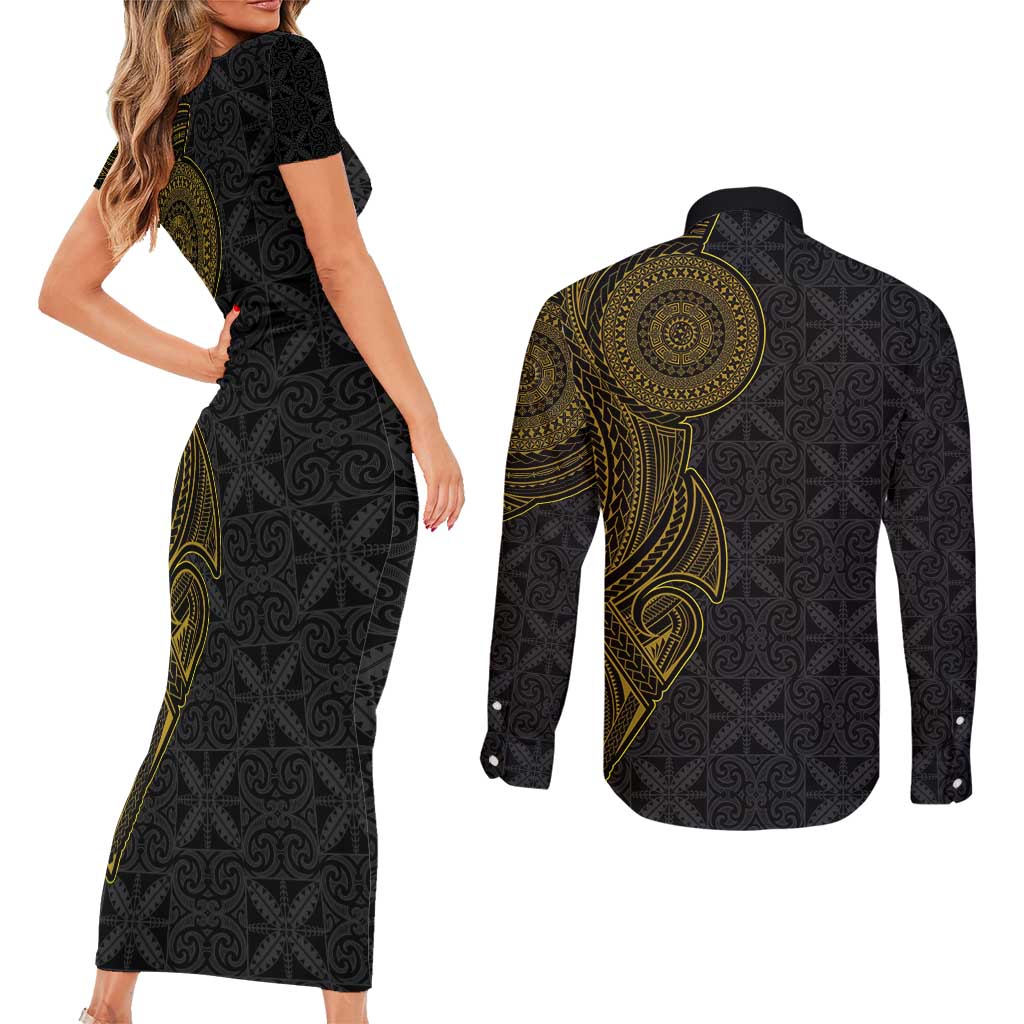 Niue Polynesian Hiapo Tattoo Art Couples Matching Short Sleeve Bodycon Dress and Long Sleeve Button Shirt Half Style Black Gold Color - Polynesian Pride